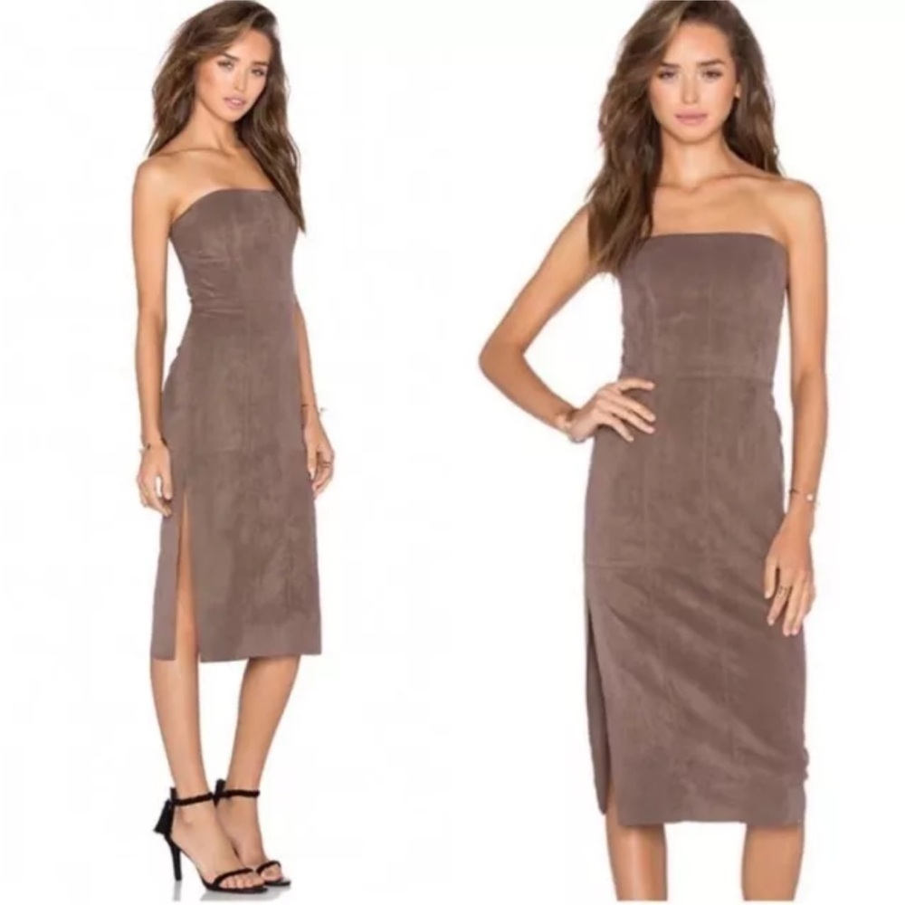 Halston Heritage Faux Suede Strapless Midi Dress in Tabacco